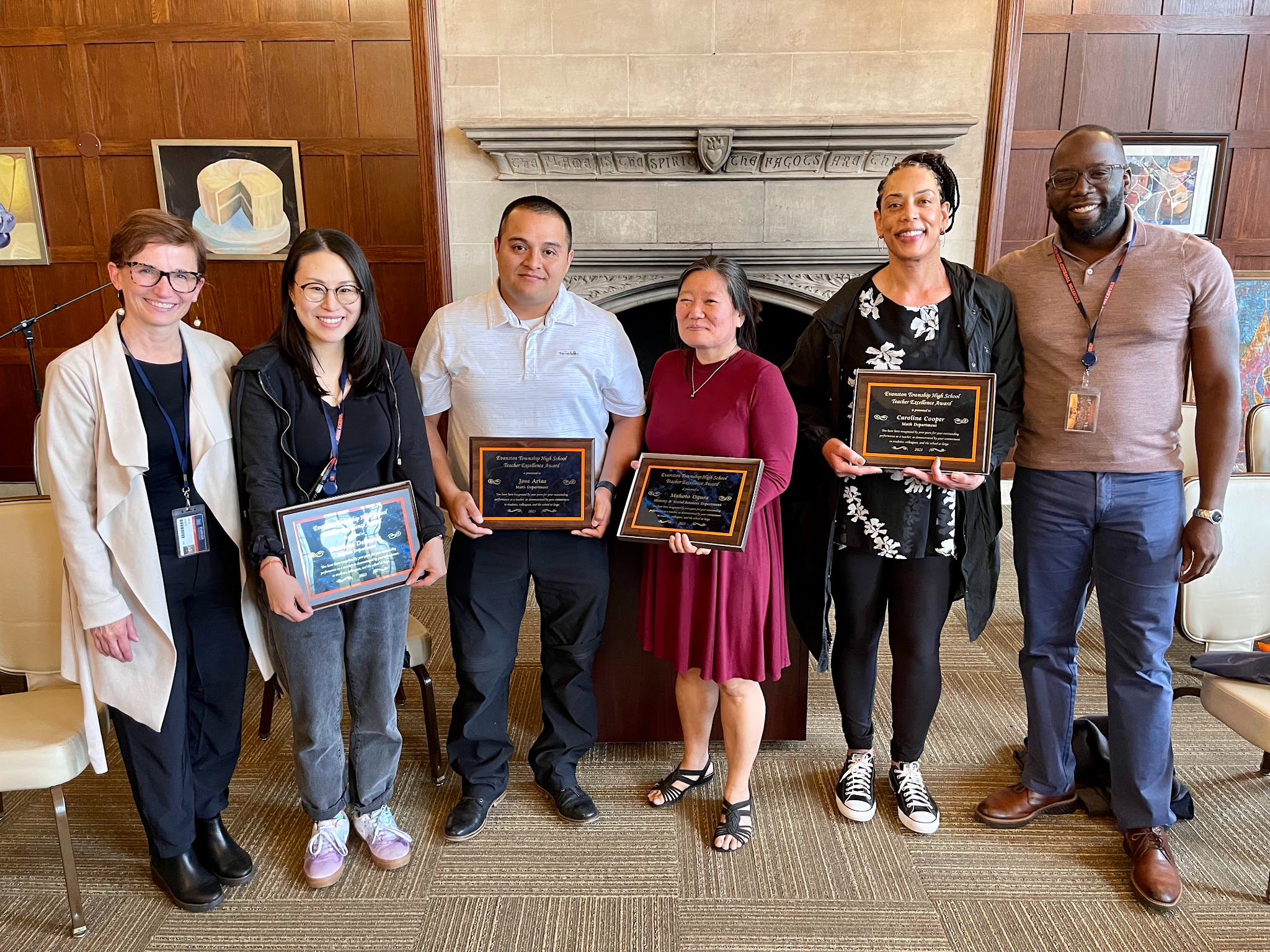 From left: Assistant Superintendent Taya Kinzie, Patricia Delacruz, Jose Arias, Makoto Ogura, Caroline Cooper, and Superintendent Marcus Campbell.